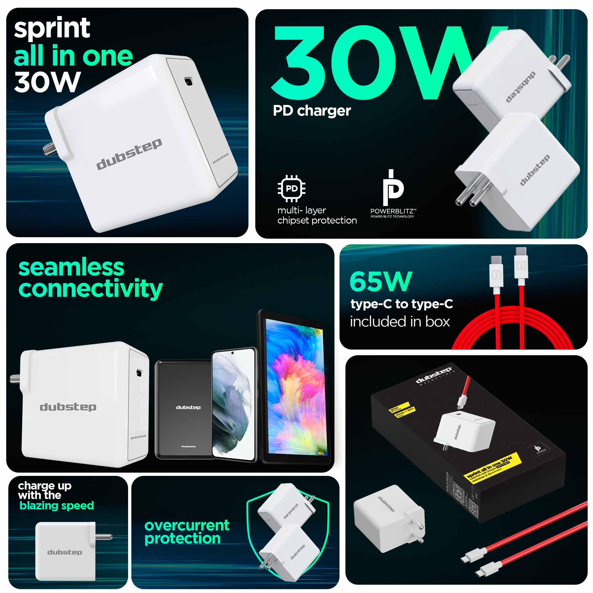 Sprint All In One 30W 6A Fast Charging Adapter with Cable (Type-C to Type-C) - Image 3