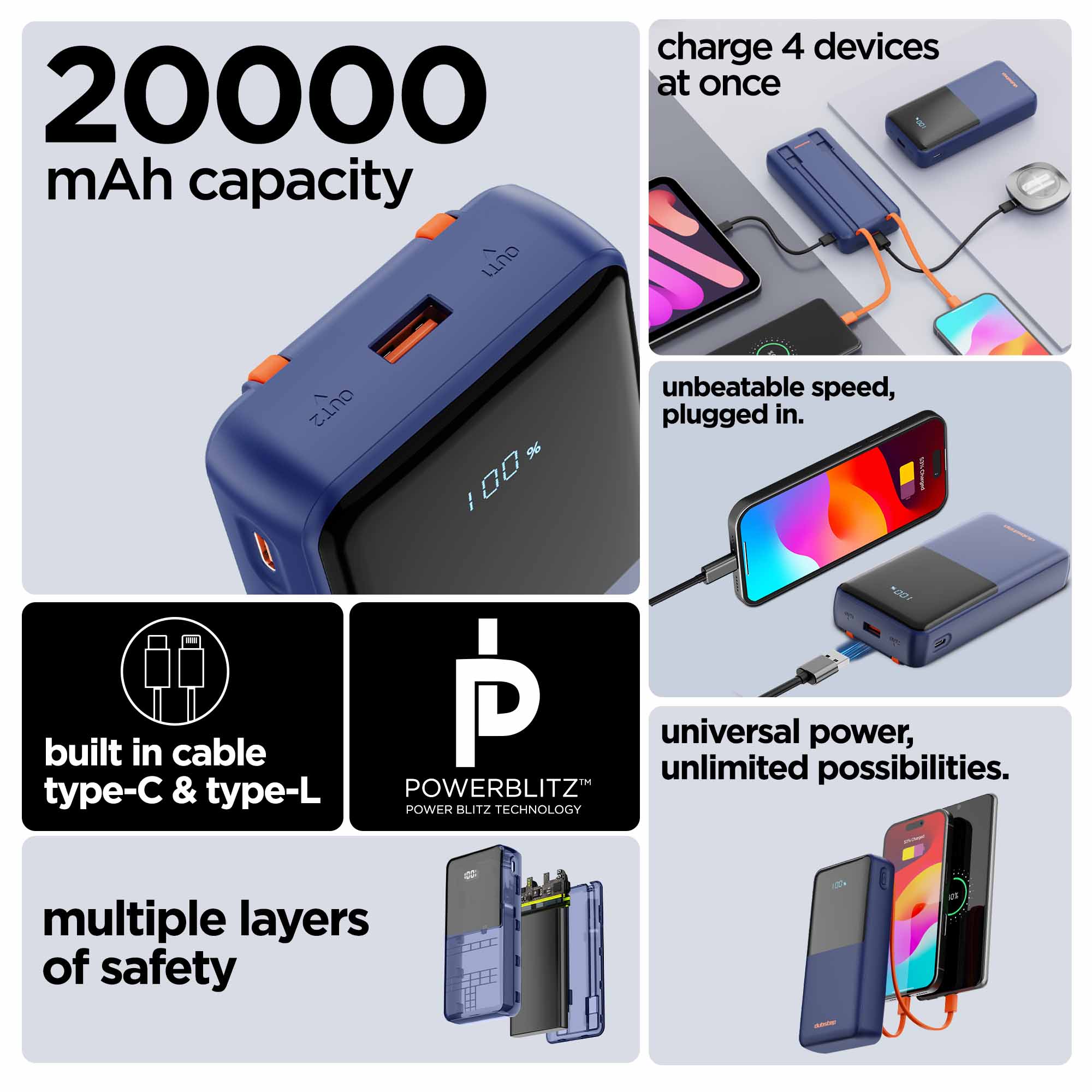 Powerblitz X5 built-in type-C and type-L cables, with both USB-A and type-C ports - Image 14