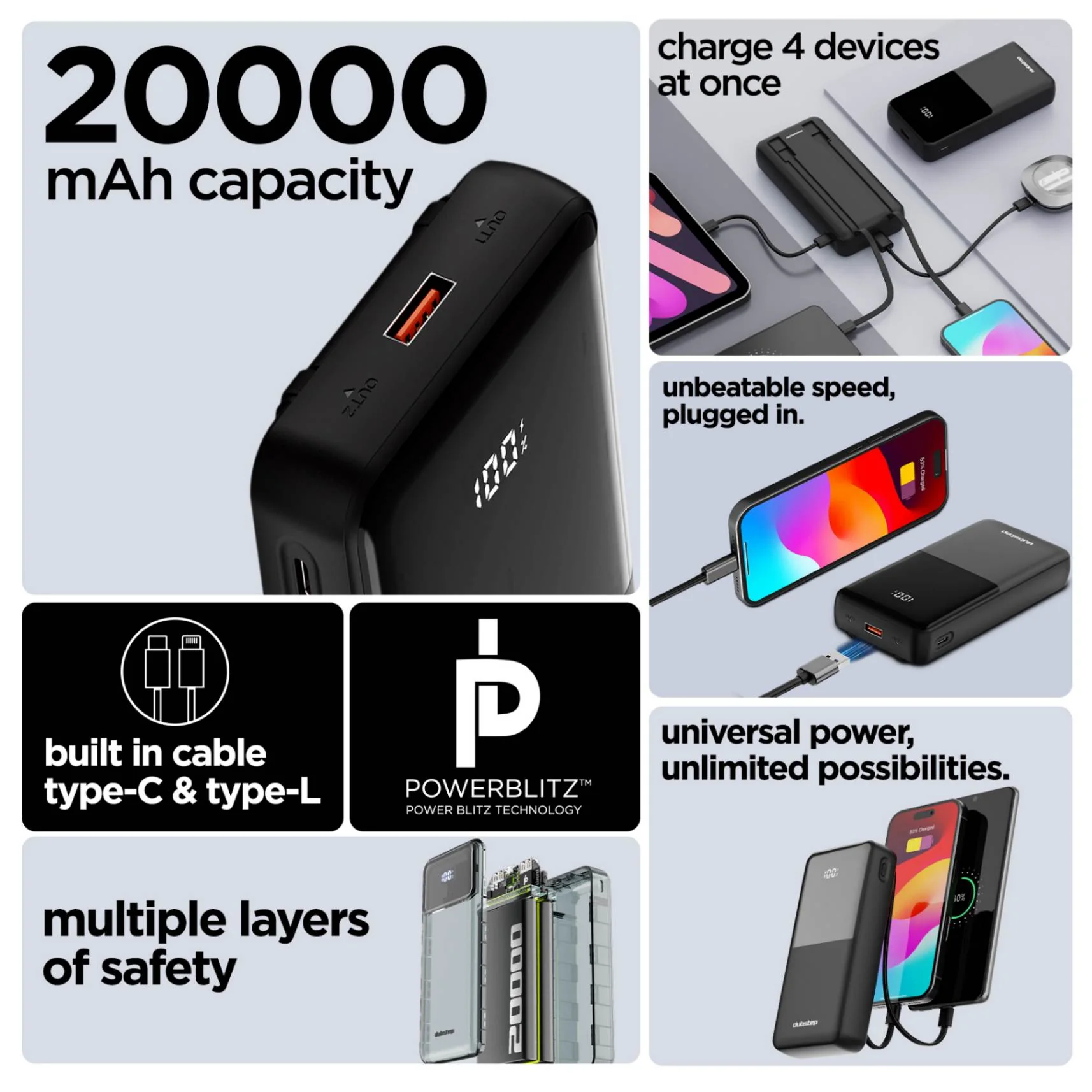 Powerblitz X5 built-in type-C and type-L cables, with both USB-A and type-C ports - Image 3