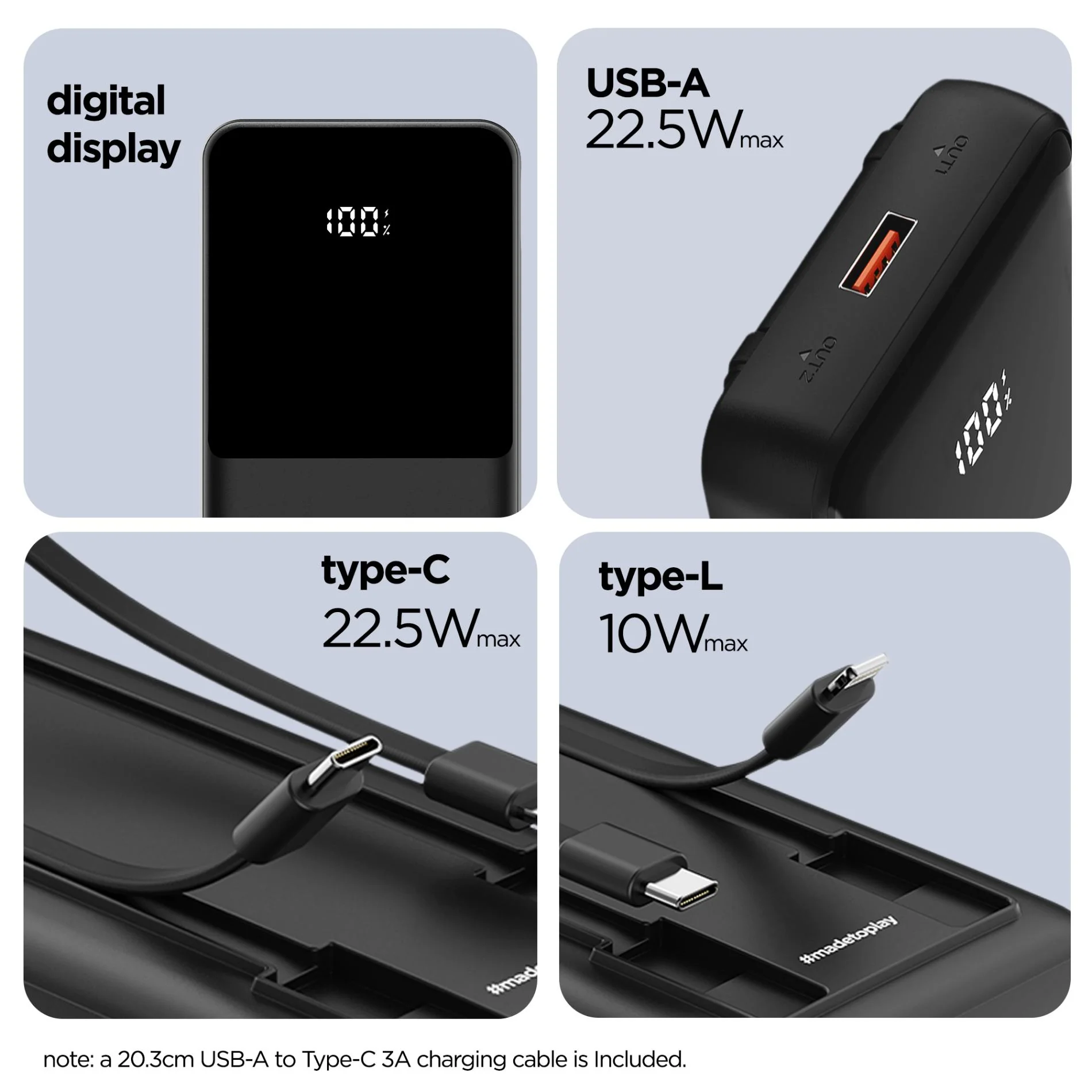 Powerblitz X5 built-in type-C and type-L cables, with both USB-A and type-C ports - Image 4