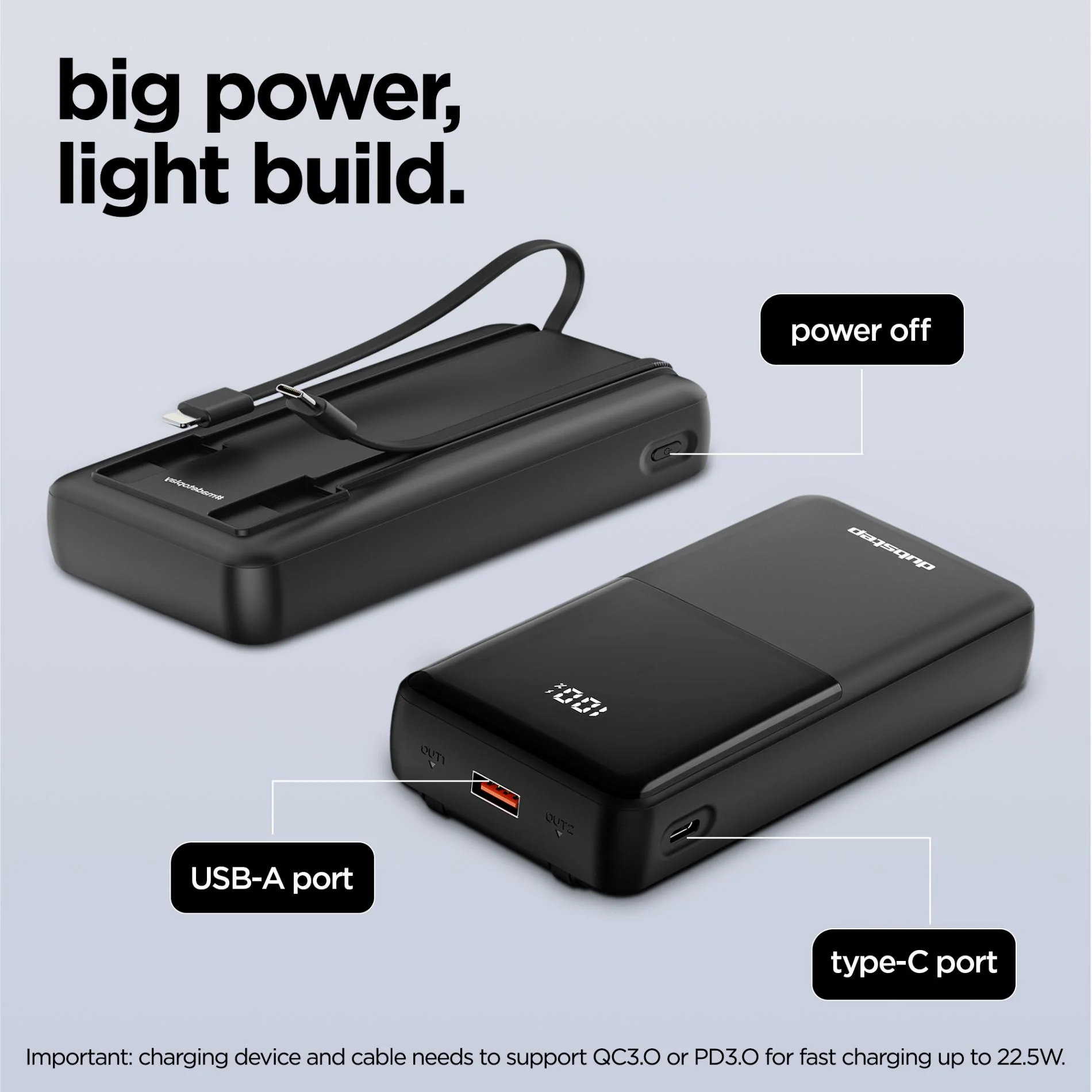 Powerblitz X5 built-in type-C and type-L cables, with both USB-A and type-C ports - Image 9